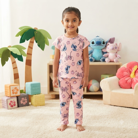 Pink Stitch Print Pant Set (2year to 3year) (Girls)