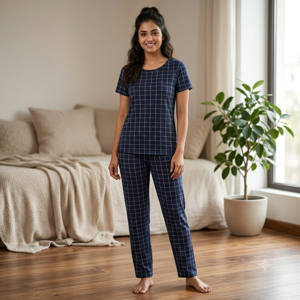 Blue & White Checkered Print Pyjamas (L)