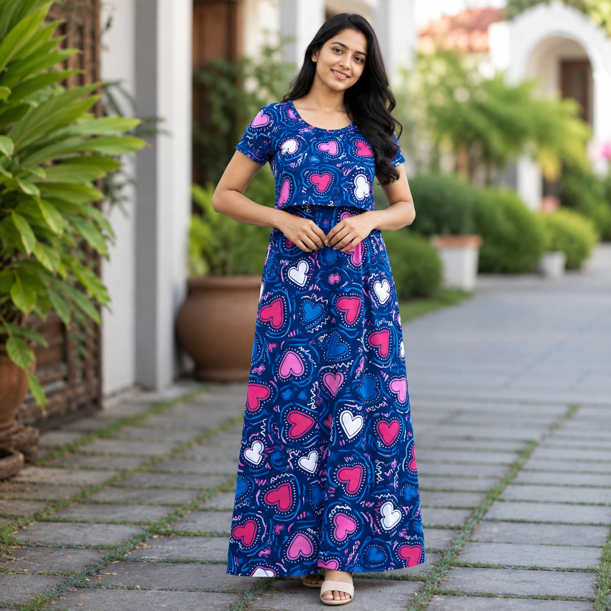 Blue Hearts Print Zipless Feeding Loungewear (M)