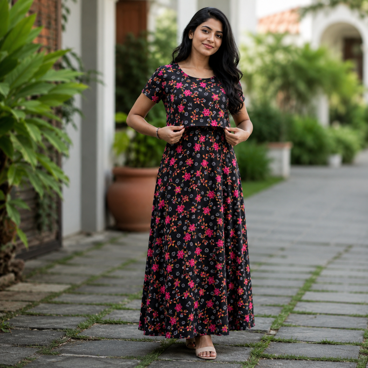 Black little flower Print Zipless Feeding Loungewear (M)
