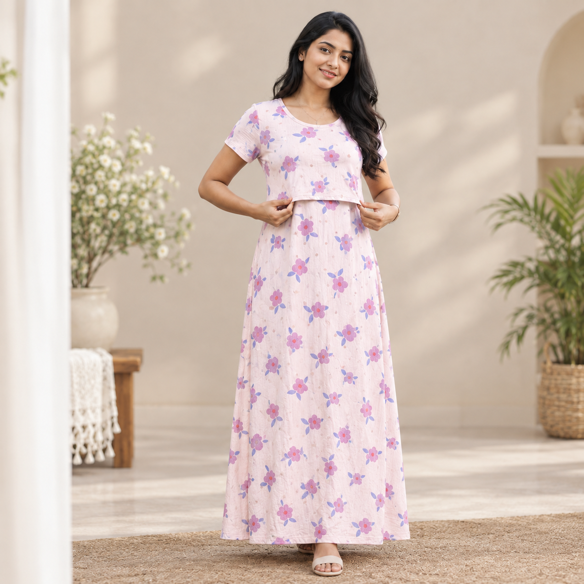 Pink Flowers Print Zipless Feeding Loungewear (L)