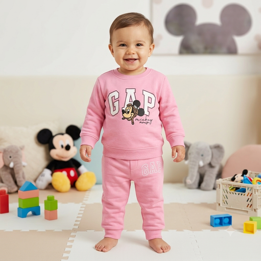 Light Pink Micky Print Full Sleeve Pant Cordset (2year to 3year)