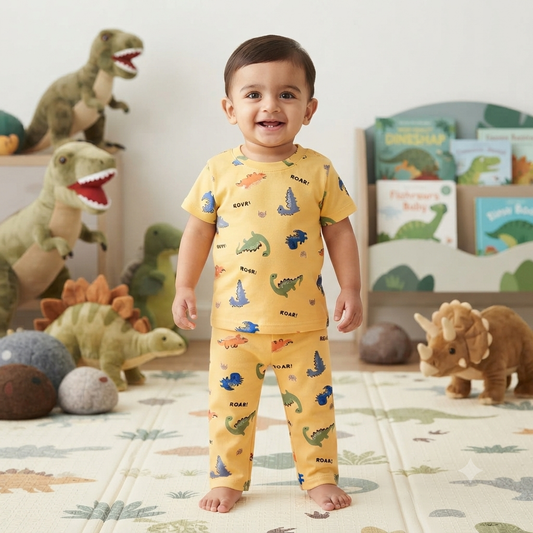 Yellow Dinos Print Pant Set (6month to 1year)