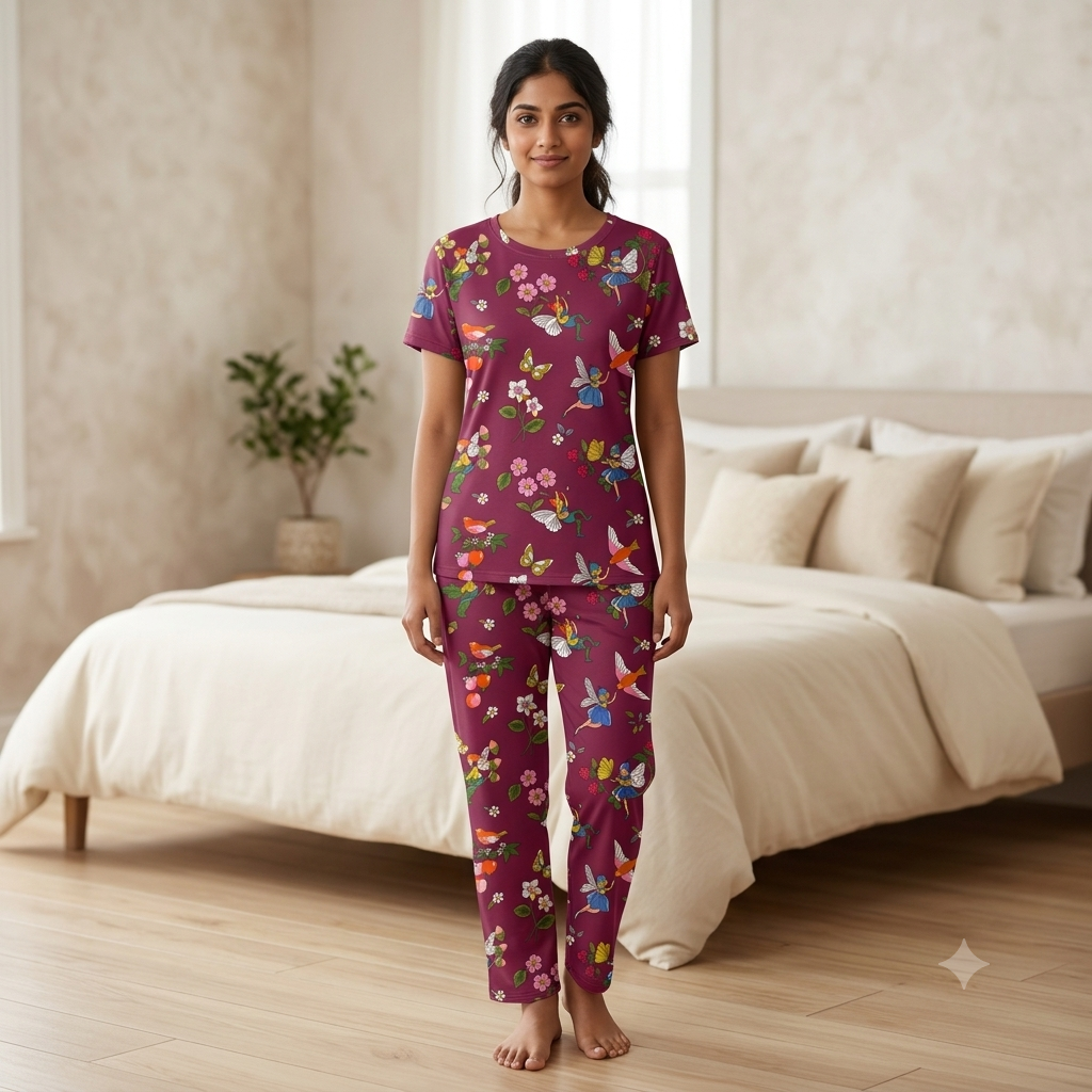 Maroon Floral and Fairy Print Pyjamas (S)
