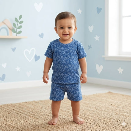Blue Heart Print Premium Ribbed Shorts Cordset (4year to 5year)