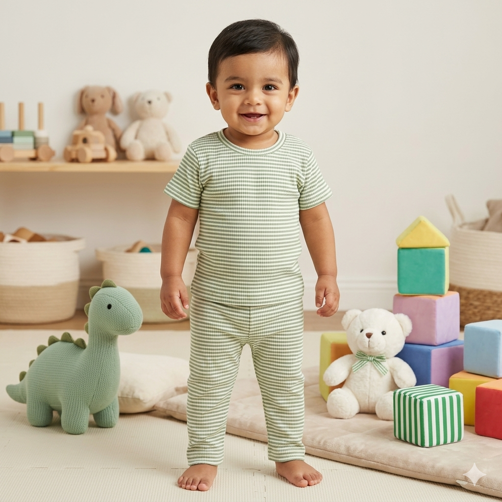 Light  Green Print Premium ribbed pant Cordset (1year to 2year)