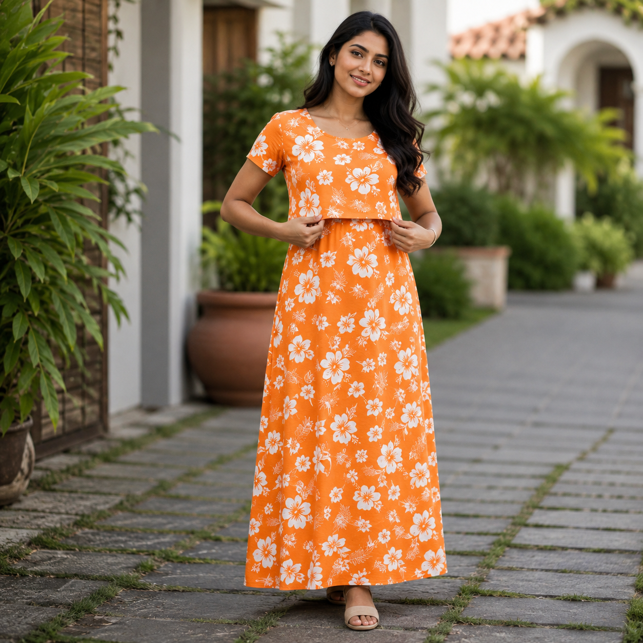 Orange Flower Print Zipless Feeding Loungewear (XXL) BB