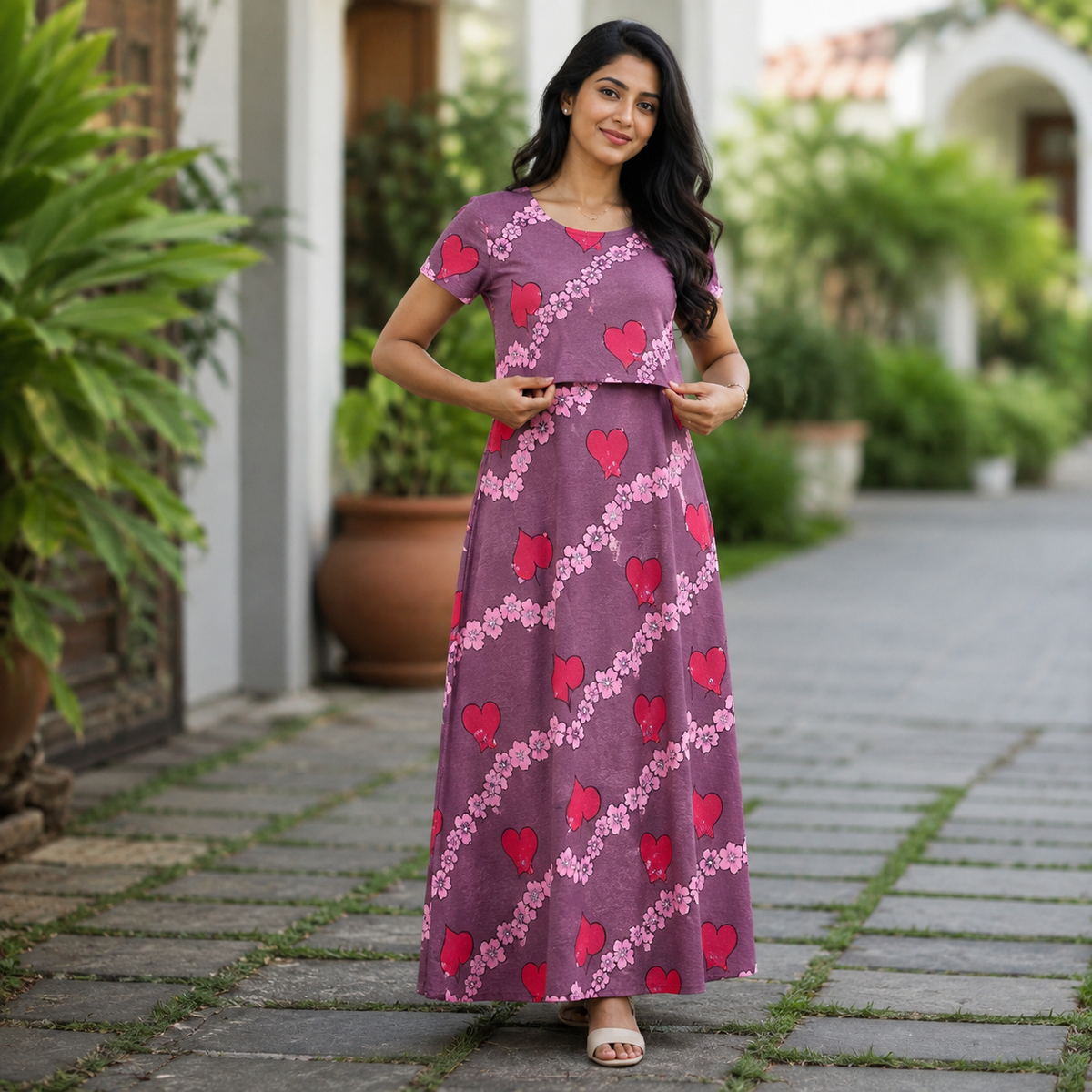 Unique Heart Flower Print Zipless Feeding Loungewear (M)