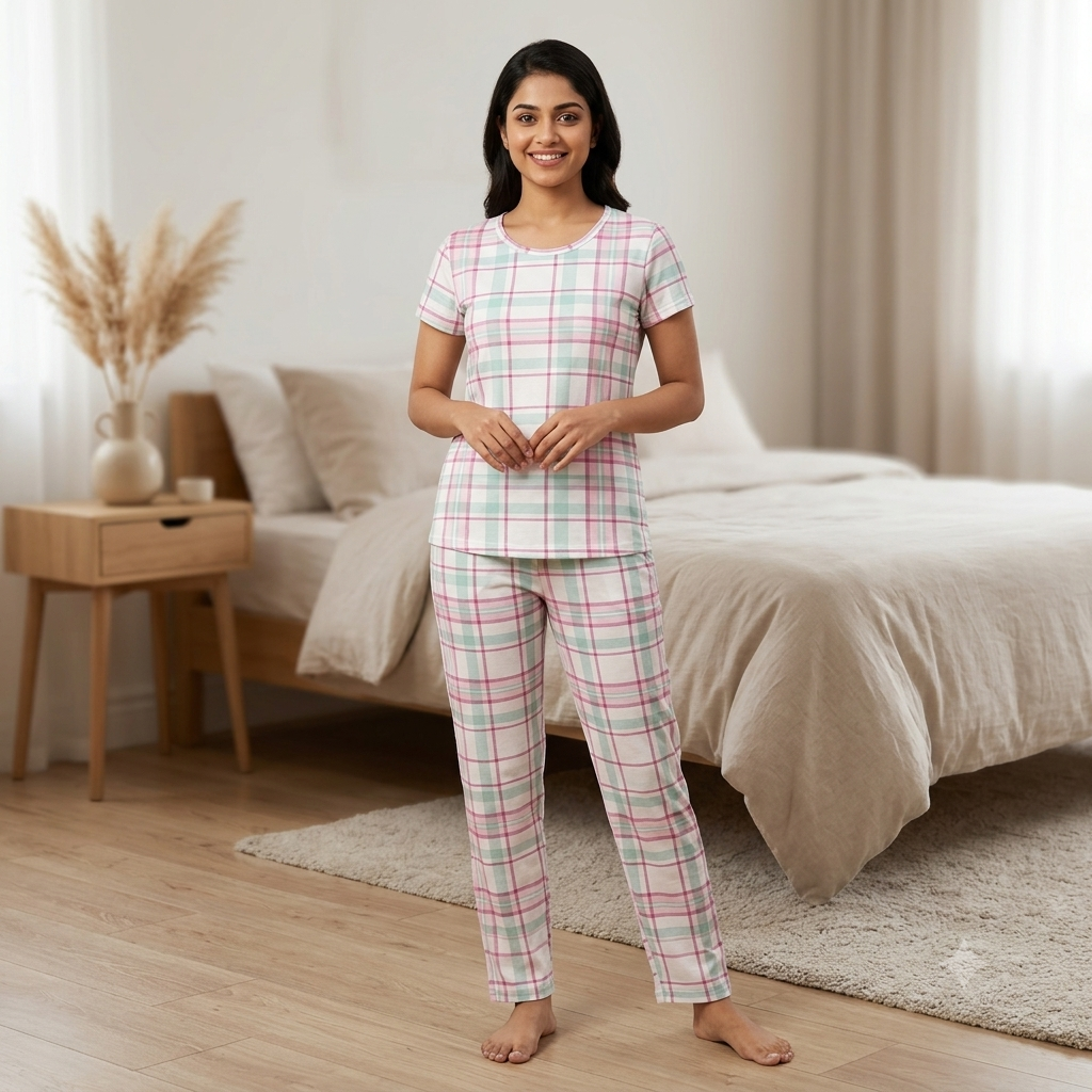 White Checkered Print Pyjamas (M)