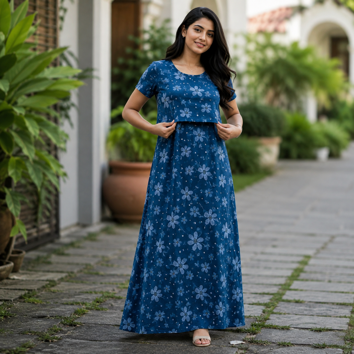 Blue Floral Print Zipless Feeding Loungewear (M)