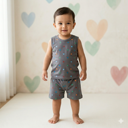 Heart Print Sleeveless Shorts Cordset (2year to 3year)