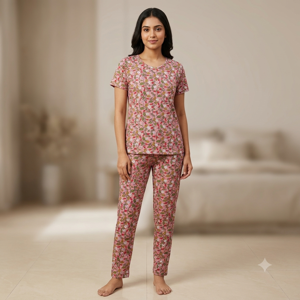 Pink Floral Print Pyjamas (M)