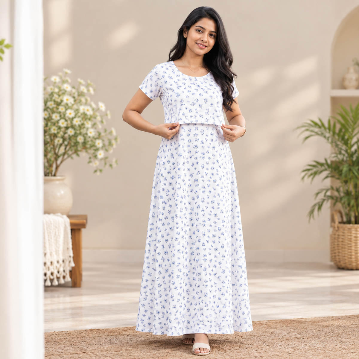 Mini Blue Flower Print Zipless Feeding Loungewear (L)