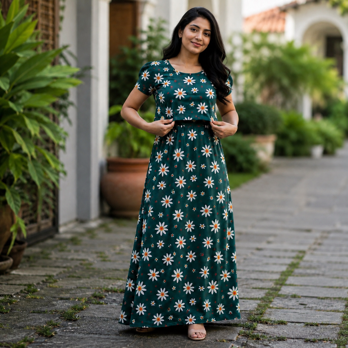 Green Flower Print Zipless Feeding Loungewear (L) Puff Sleeve