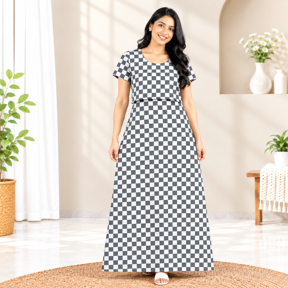 Black & White Checkered Print Zipless Feeding Loungewear (XL)