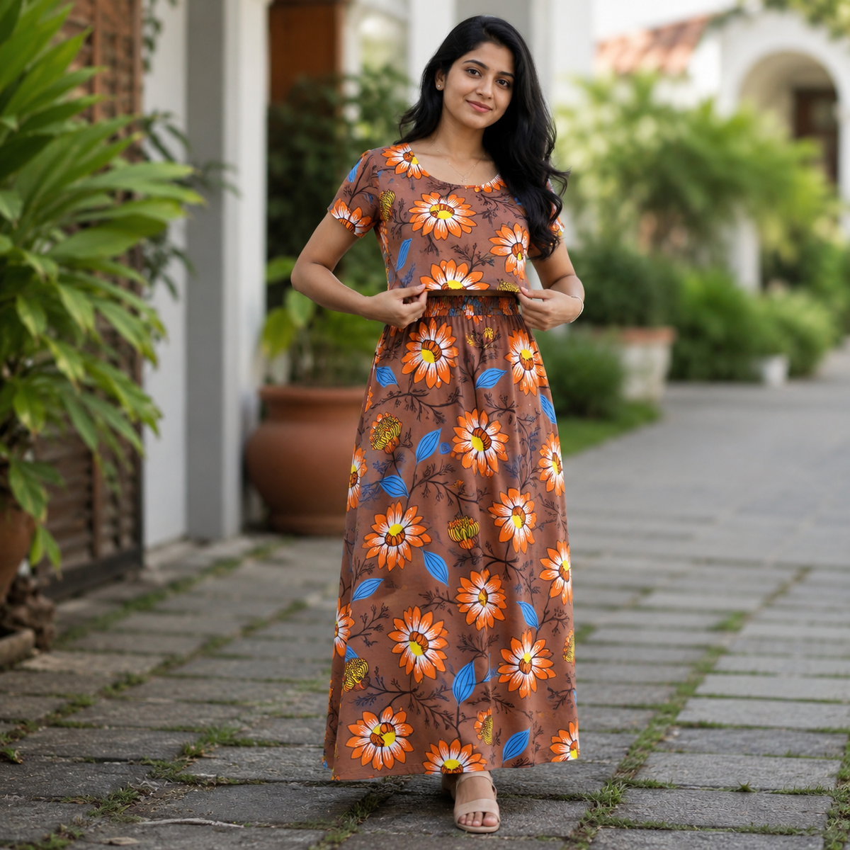 Orange lotus Print Zipless Feeding Loungewear (L) BB