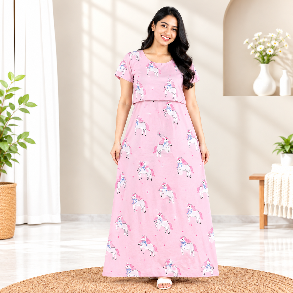 Pink Unicorn Print Zipless Feeding Loungewear (L)