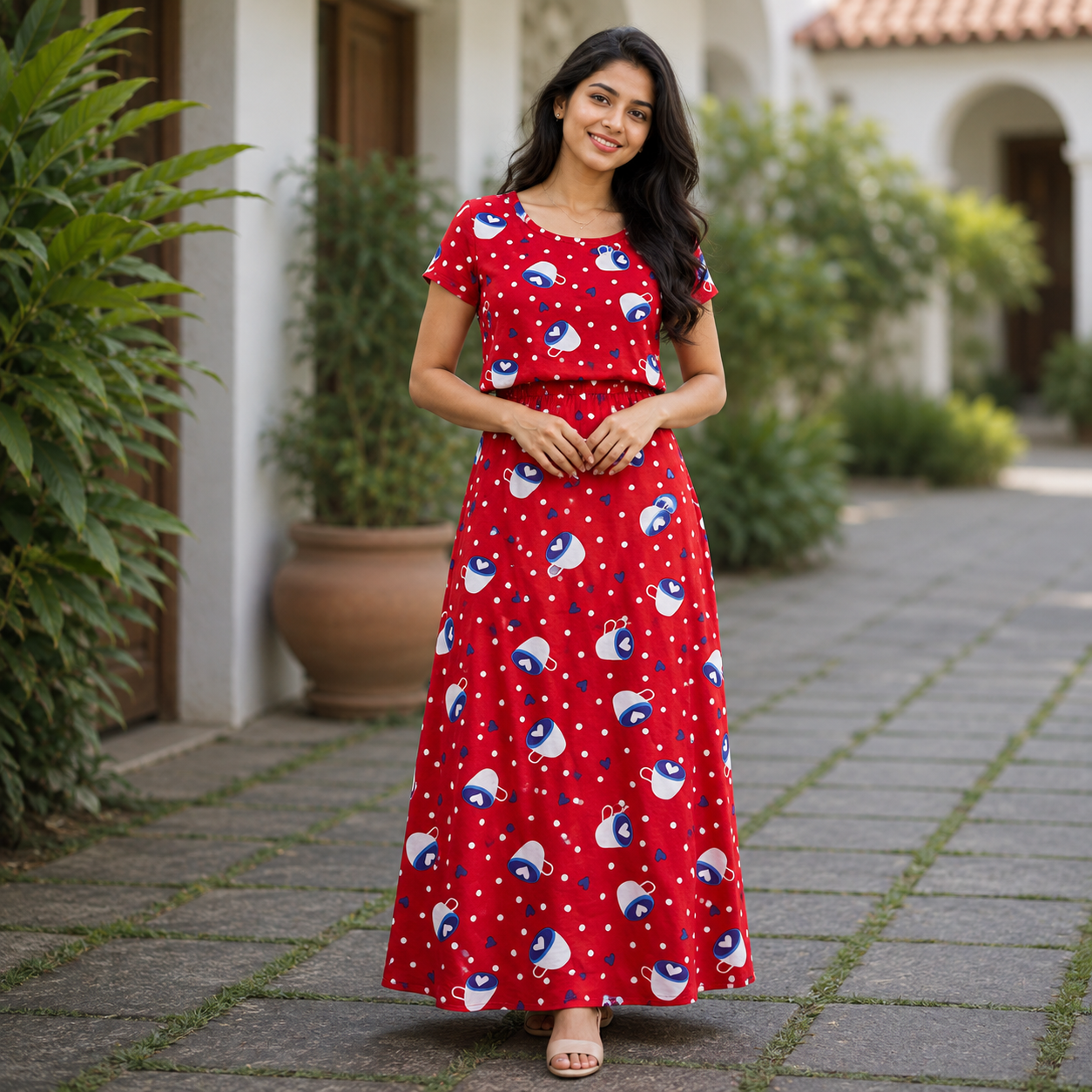 Red Coffee Mug Print Zipless Feeding Loungewear (L) BB