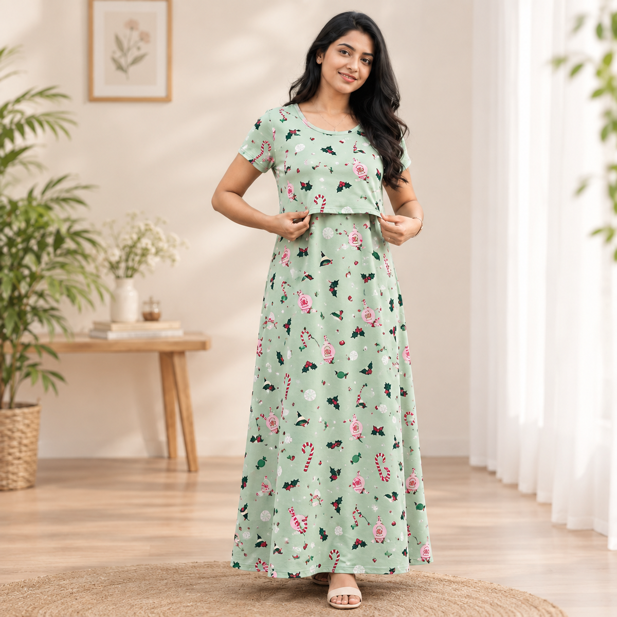 Green Christmas Print Zipless Feeding Loungewear (M)