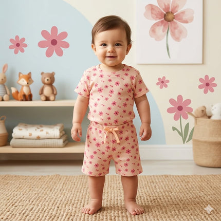 Flower Print Premium Ribbed Shorts Cordset (3year to 4year)