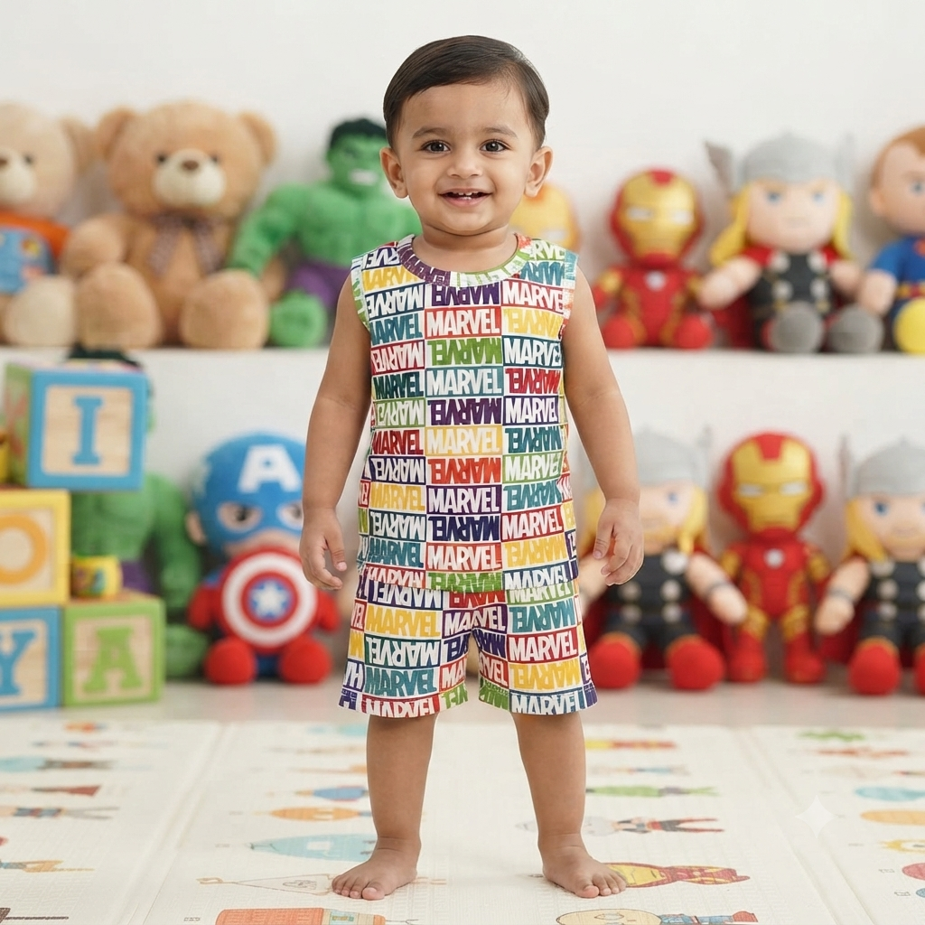 Multi Colour Marvel Print Sleeveless Shorts Cordset (2year to 3year)