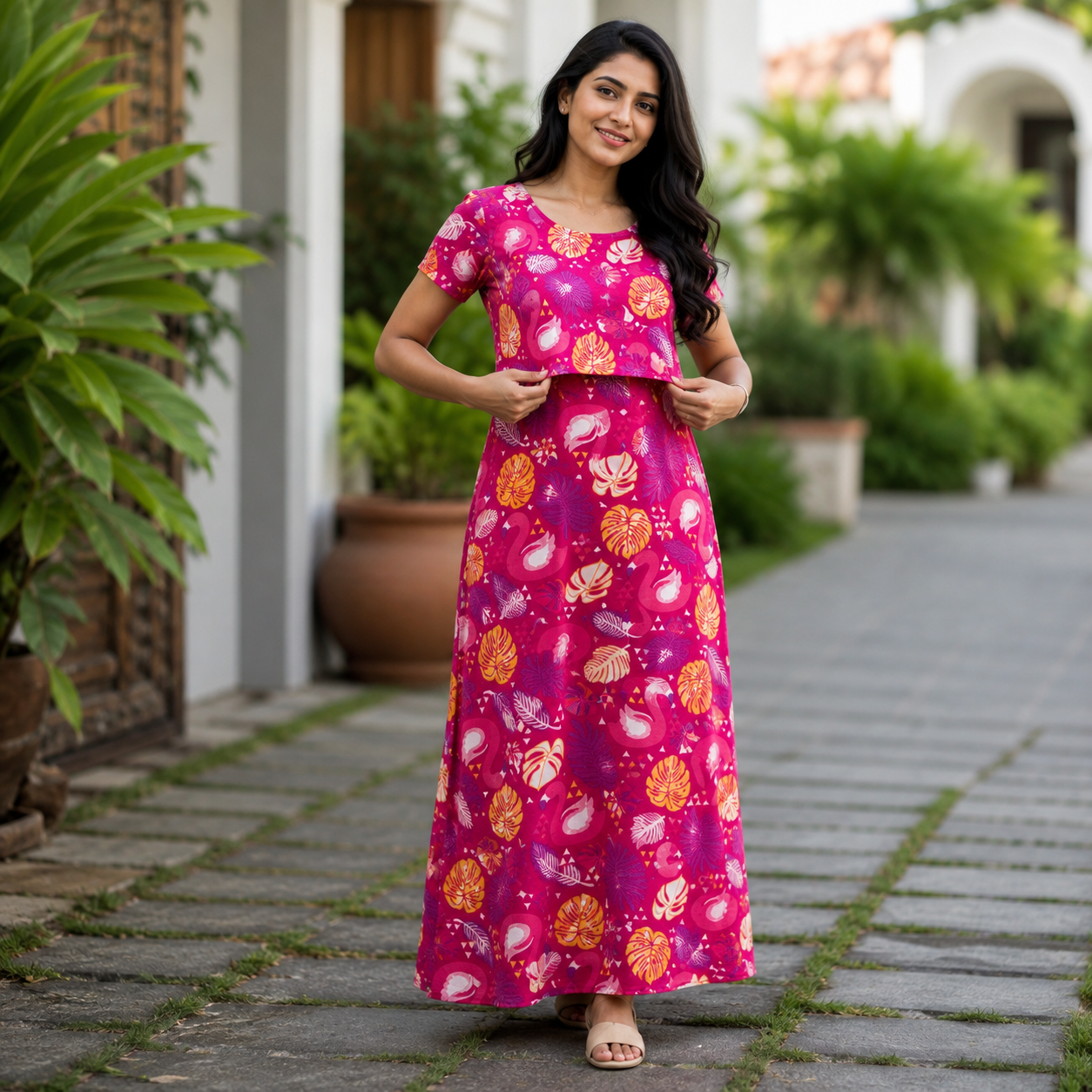 Pink Leaf & Duck Print Zipless Feeding Loungewear (XXL) BB