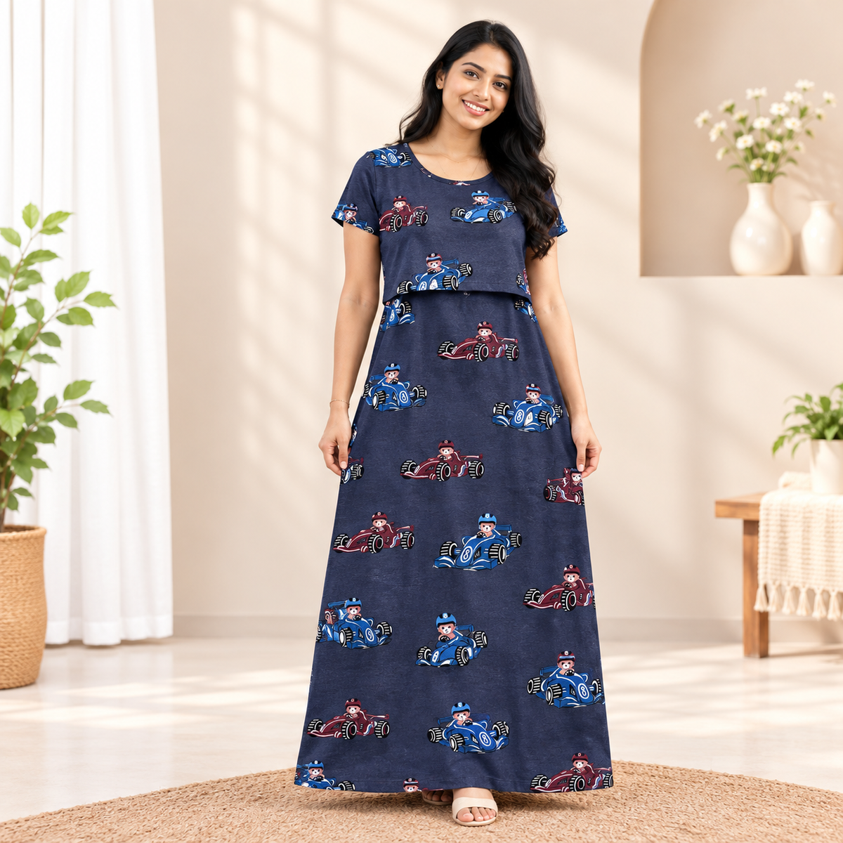 Cartoon Race Car Print Zipless Feeding Loungewear (M)