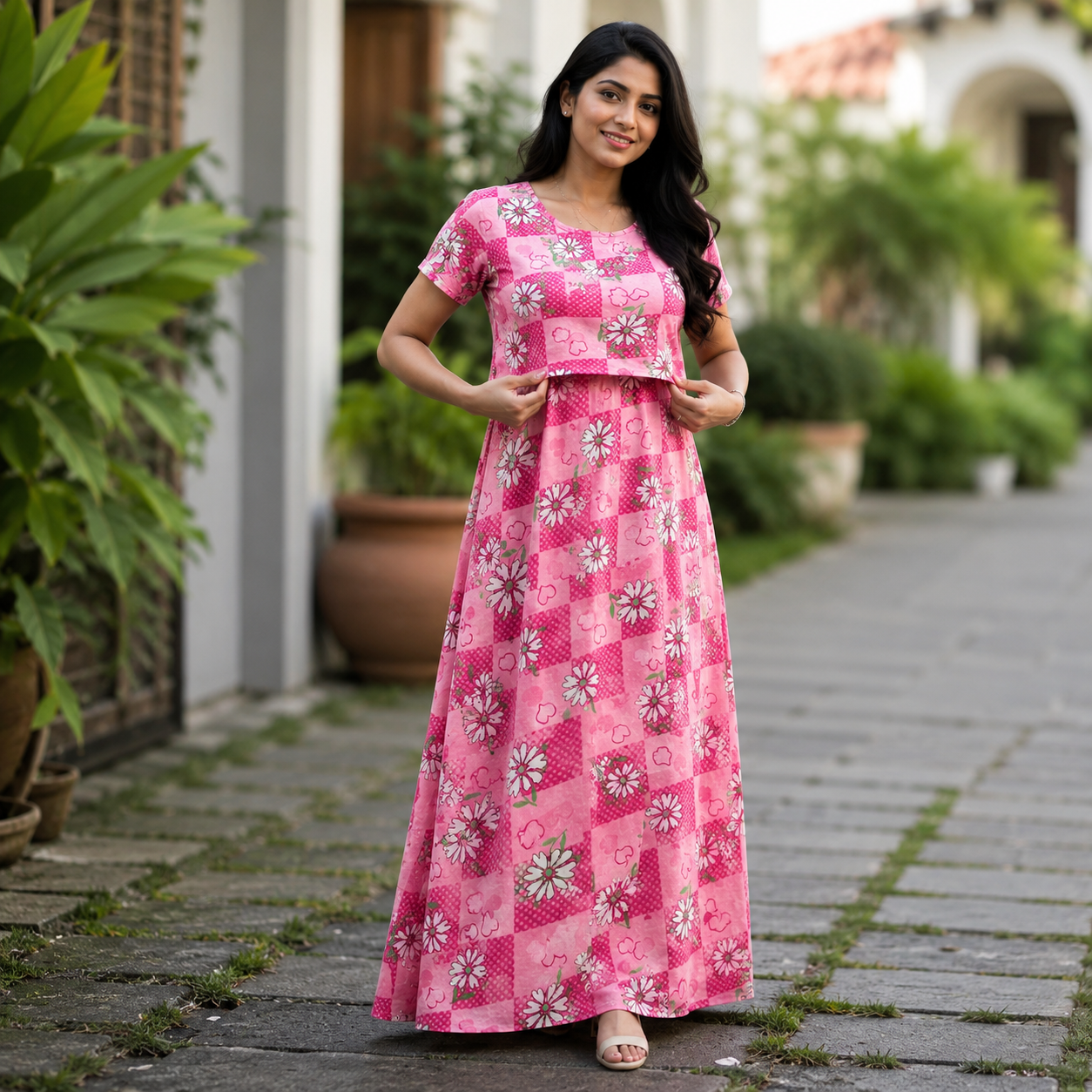 Pink Flower Print Zipless Feeding Loungewear (L)