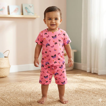 Pink Butteryfly Print Premium Ribbed Shorts Cordset (3year to 4year)