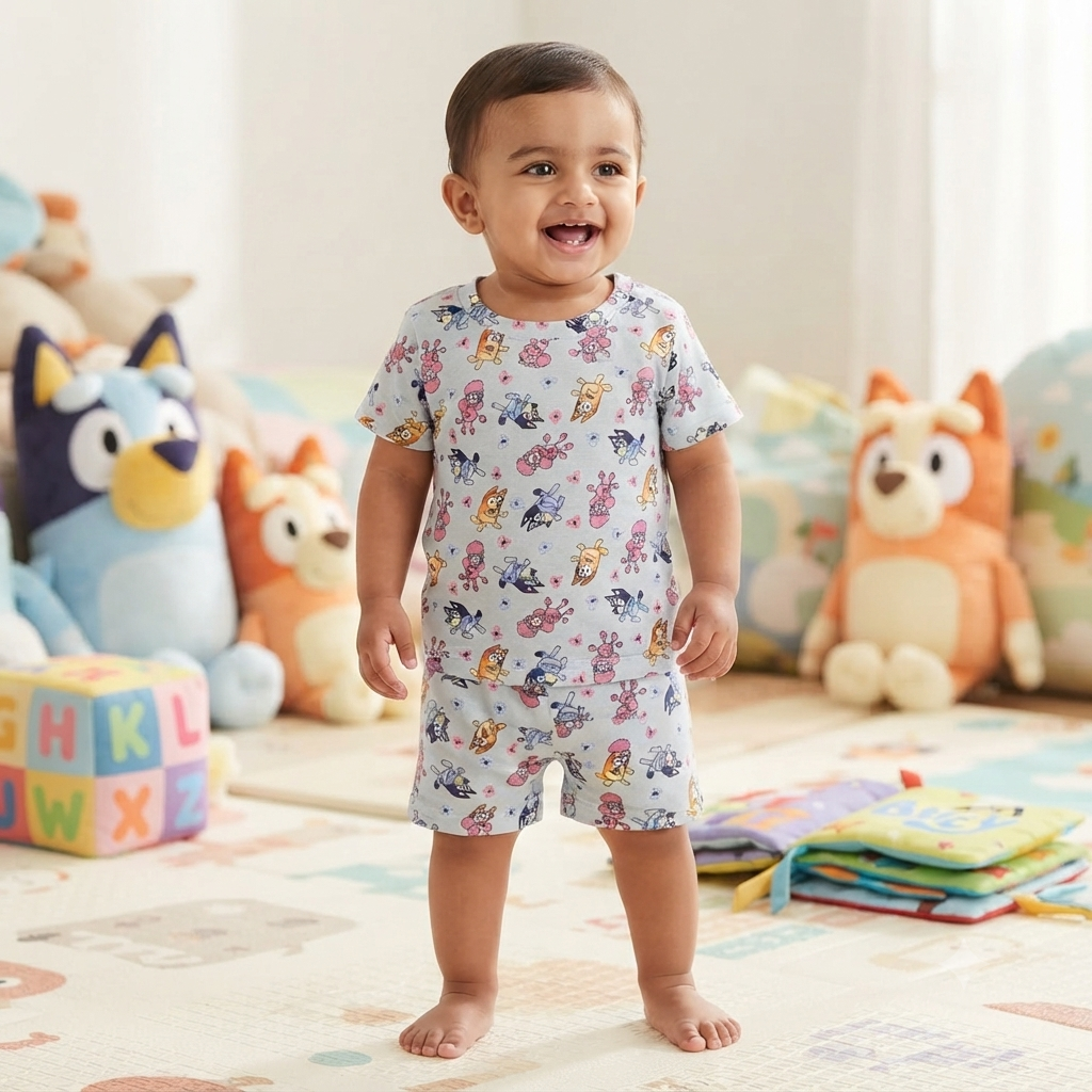 Light Blue Cartoon Print Shorts Cordset (2year to 3year)