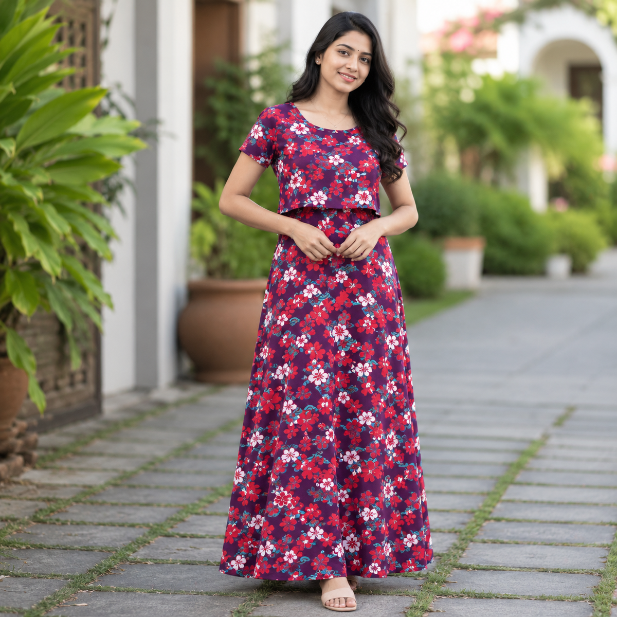 Red & White Flower Print Zipless Feeding Loungewear (L)