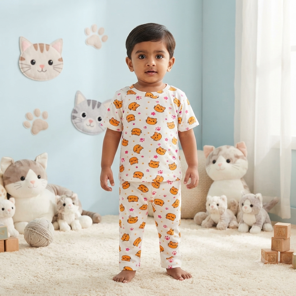 Orange Cat Print Premium Ribbed Pant Cordset (5year to 6year)