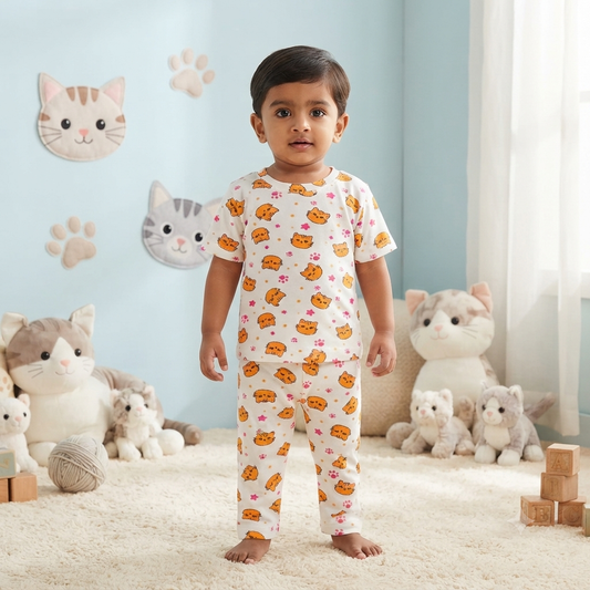 Orange Cat Print Premium Ribbed Pant Cordset (4year to 5year)
