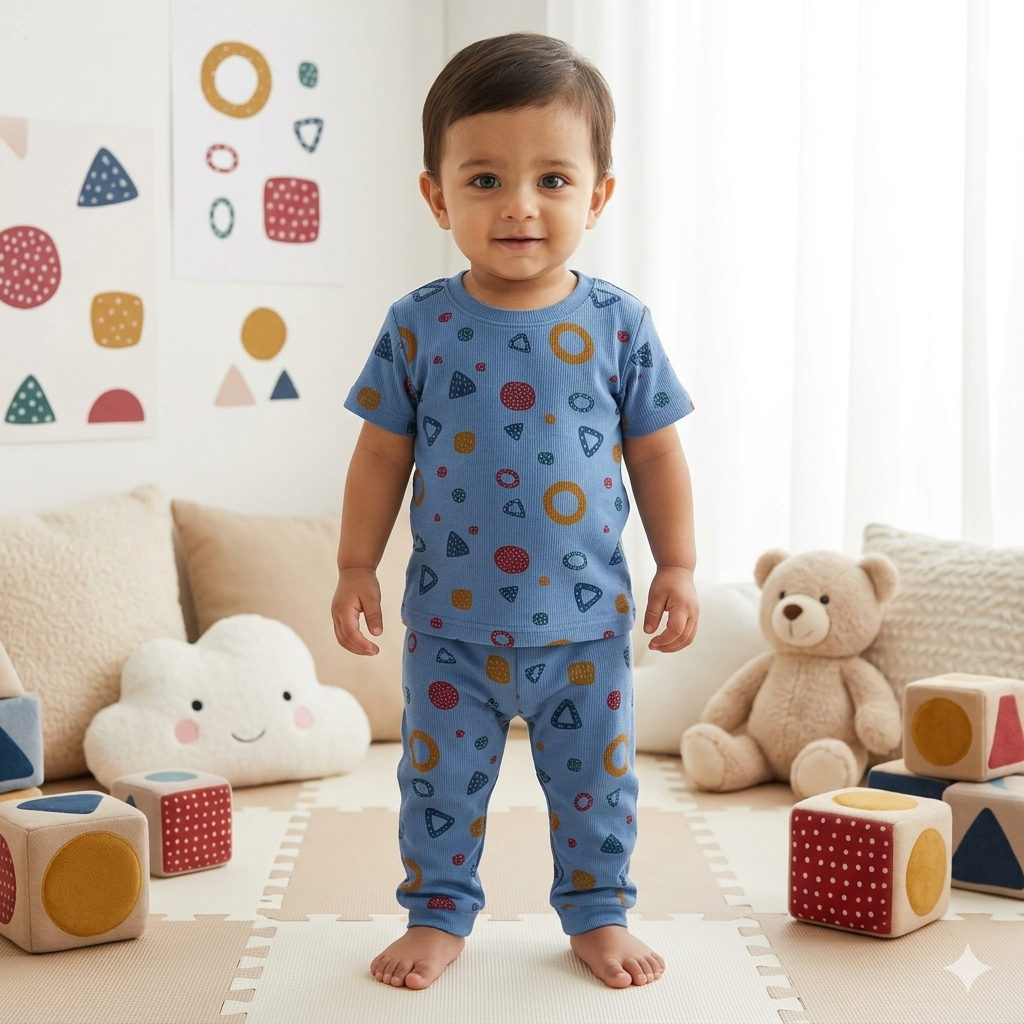 Blue Shapes Print Premium ribbed pant Cordset (2year to 3year)