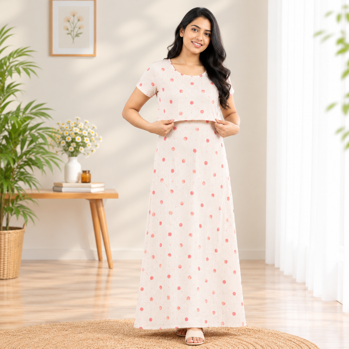 Red Little Flower Print Zipless Feeding Loungewear (L)