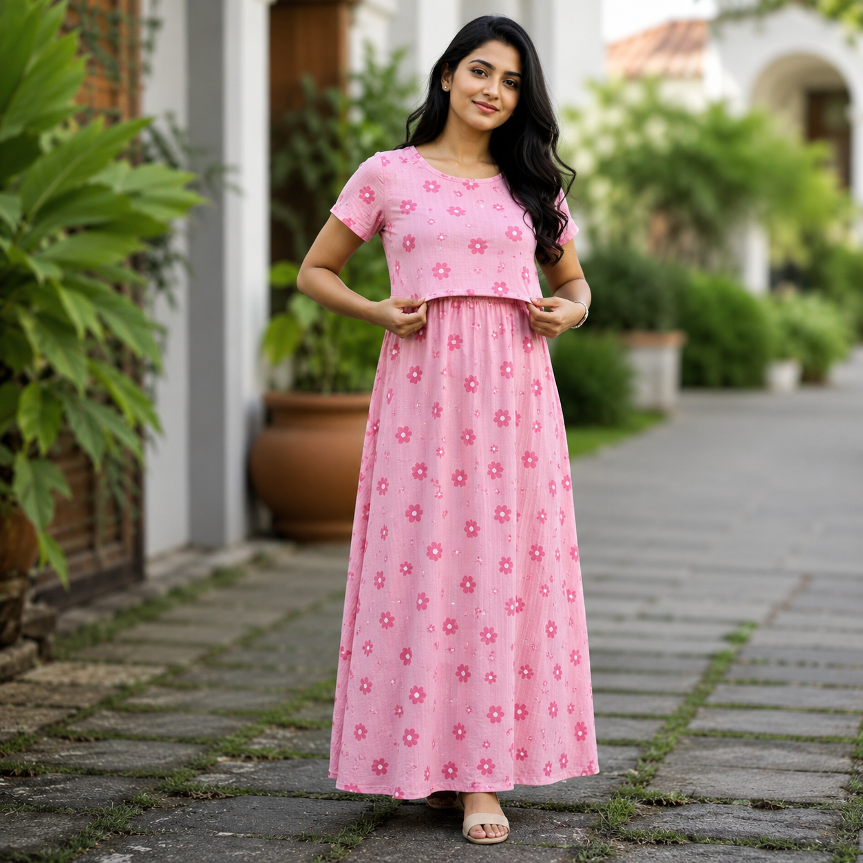 Pink Flower Print Zipless Feeding Loungewear (L)