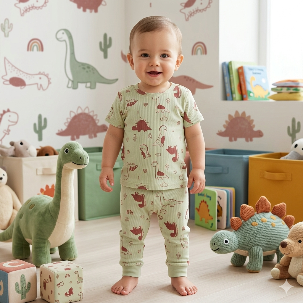 Green Dino Print Premium ribbed pant Cordset (2year to 3year)