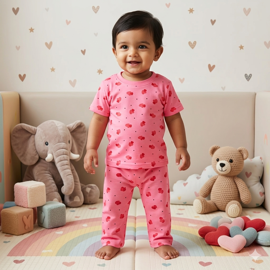 Pink Heart Print Premium ribbed pant Cordset (4year to 5year)