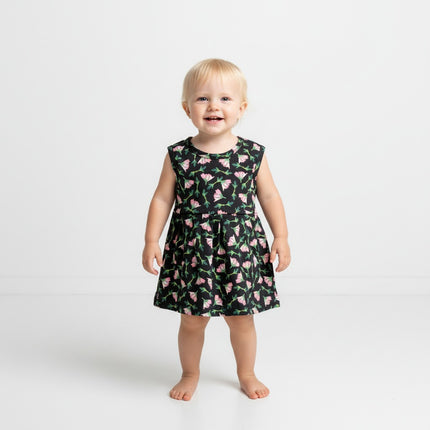 Black Flower Print Sleeveless Frock (Newborn to 6month)