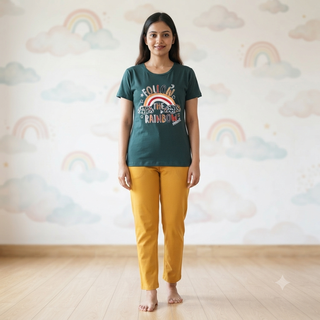 Green Rainbow Print Womens T-shirts (L)