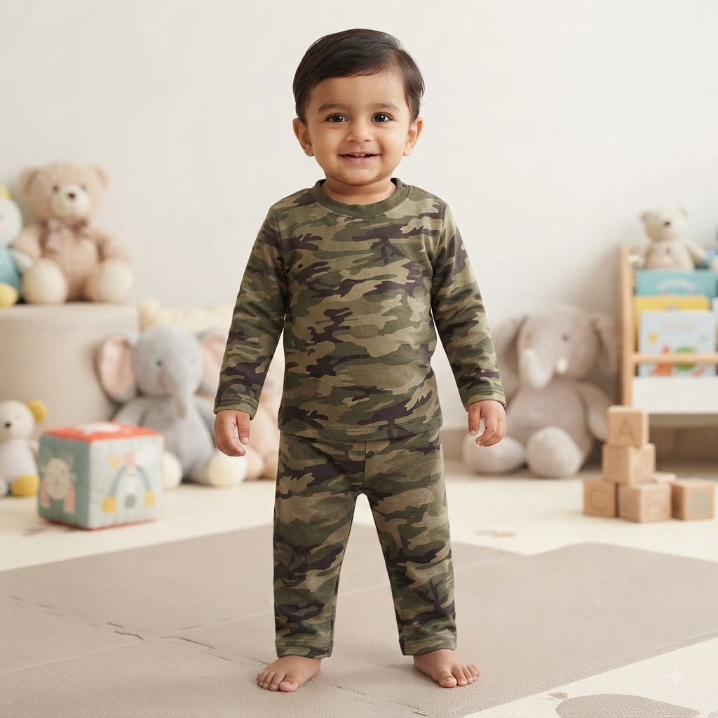 Military Green Full Sleeve Print Pant Set (5year to 6year)