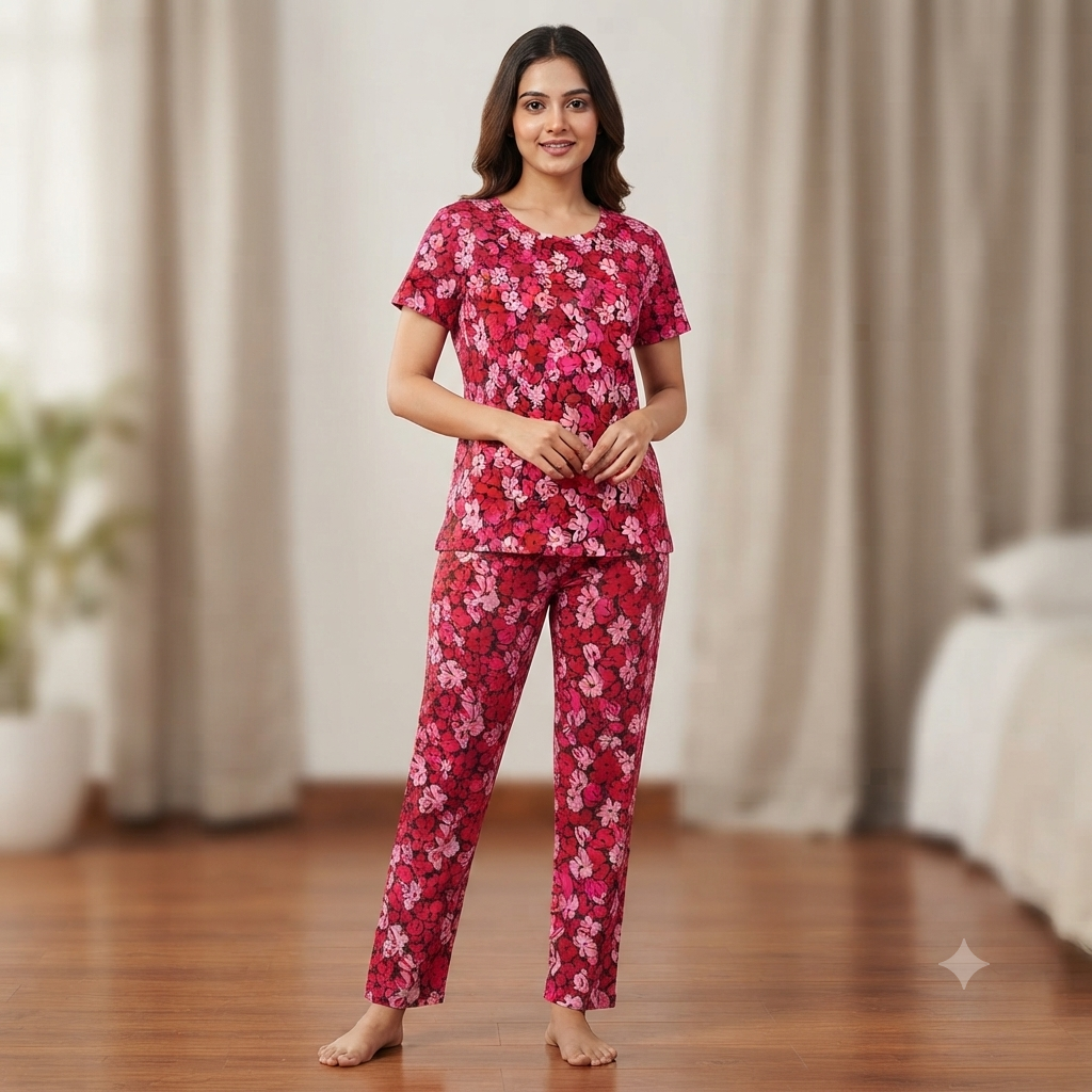 Red & Pink Floral Print Pyjamas (M)