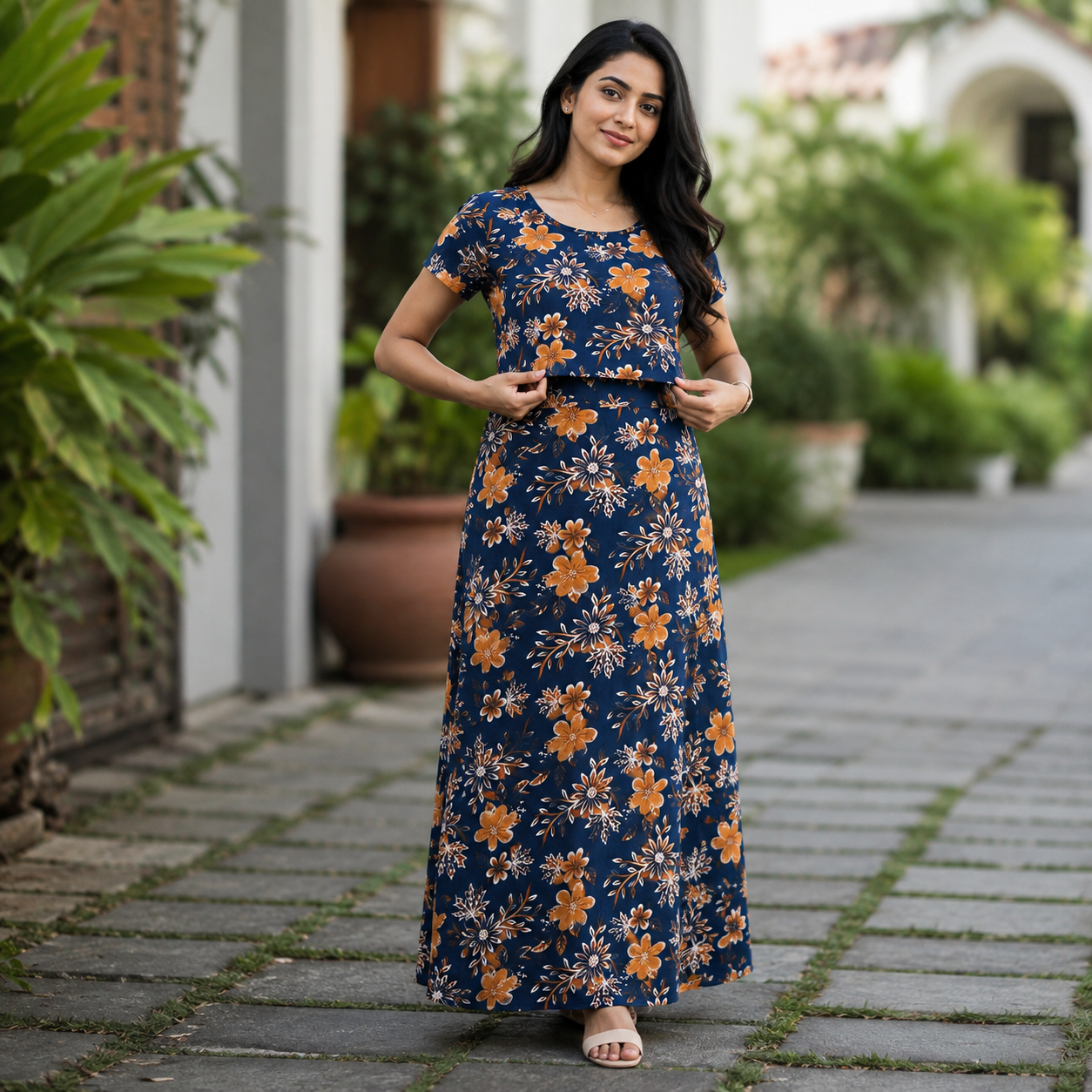 Blue Flower & Leaf Pattern Print Zipless Feeding Loungewear (XL) BB