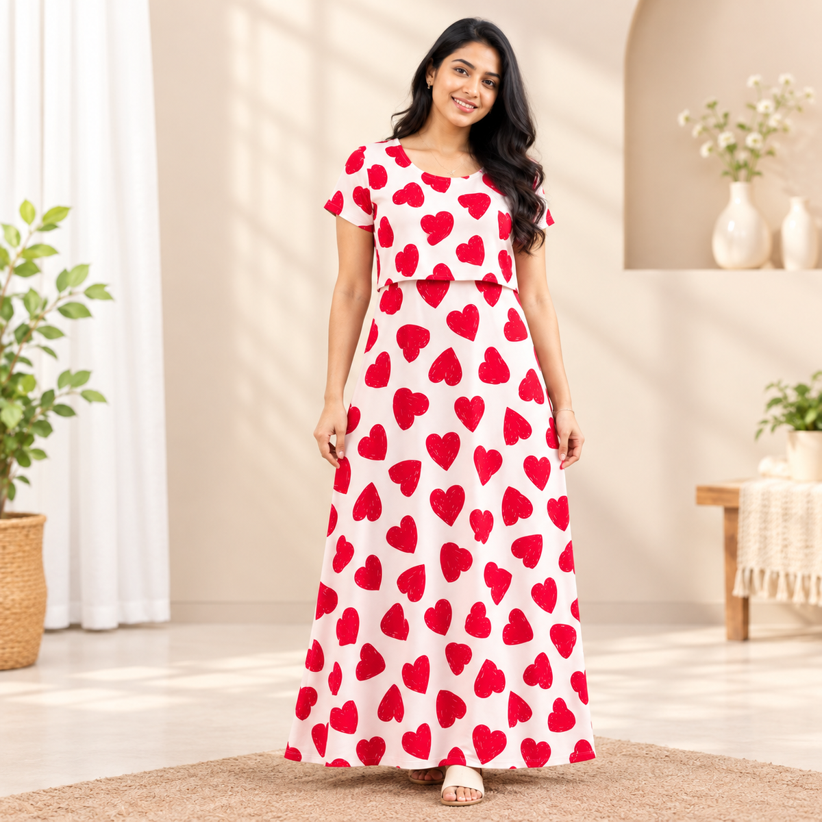 Red Hearts Print Zipless Feeding Loungewear (M)