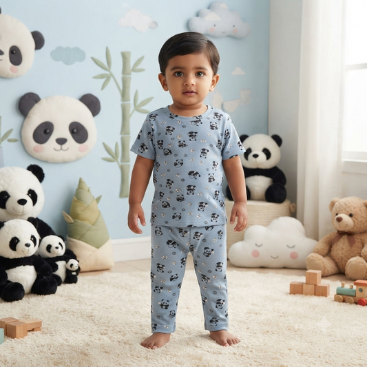 Light Blue Panda Print Premium Ribbed Pant Cordset (1year to 2year)