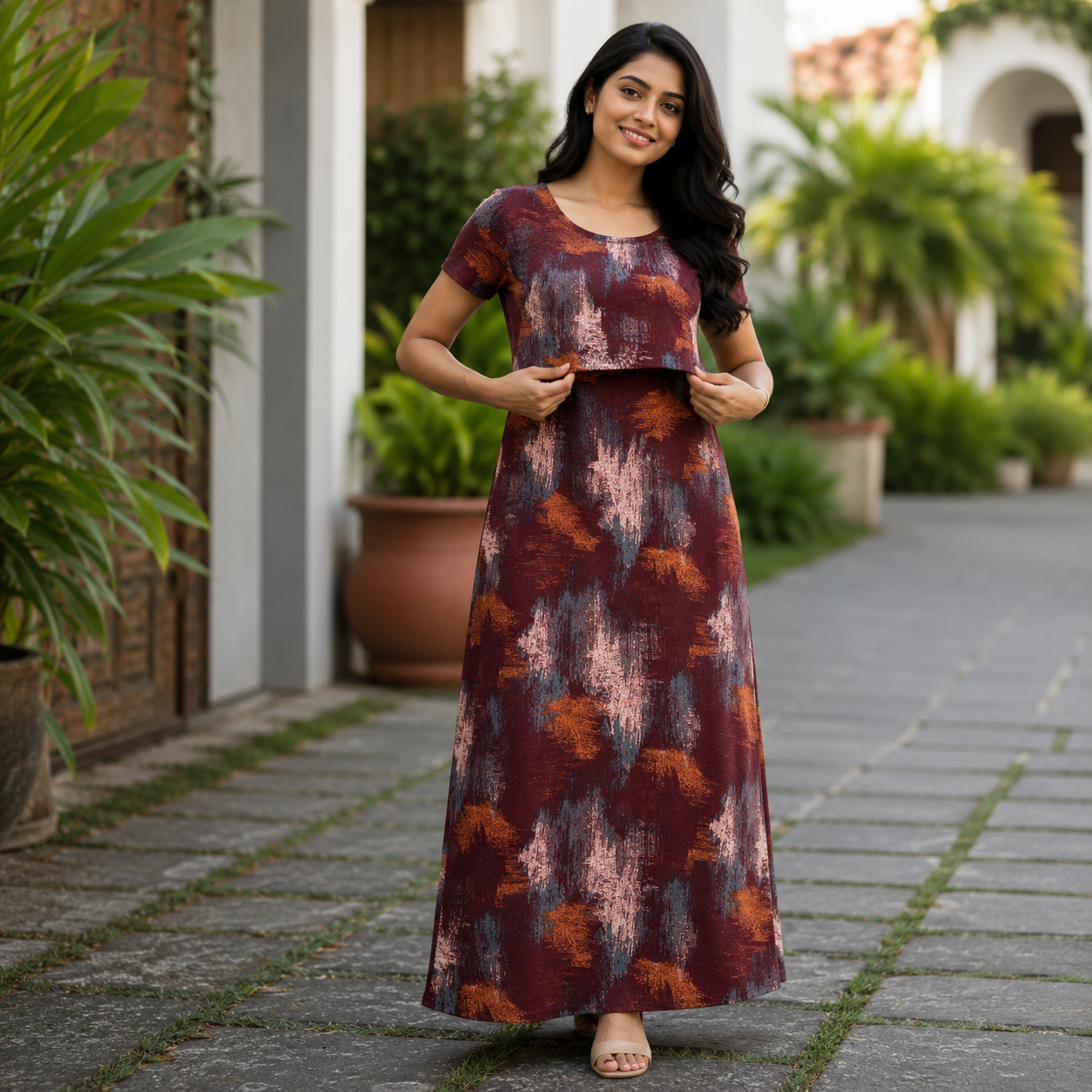 Maroon Print Zipless Feeding Loungewear (M) BB