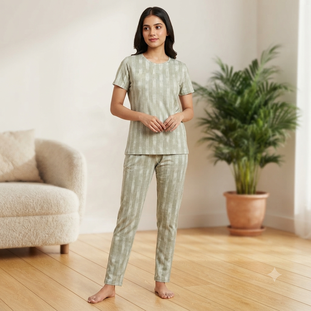 Sage Green Striped Print Pyjamas (M)