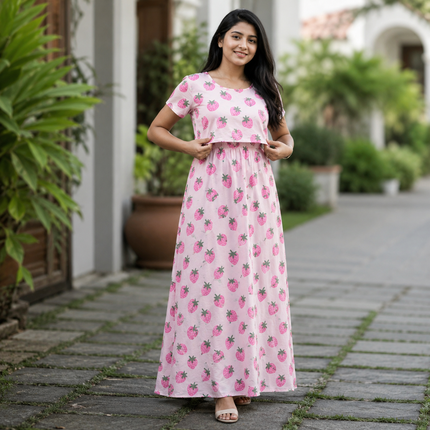 Pink Strawberry Print Zipless Feeding Loungewear