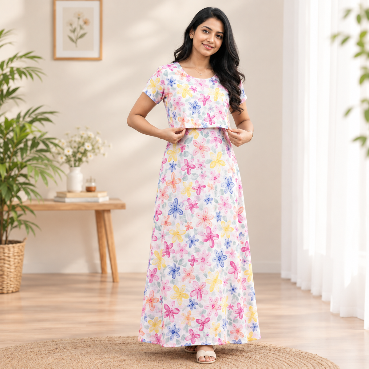Colourful Flower Print Zipless Feeding Loungewear (M)