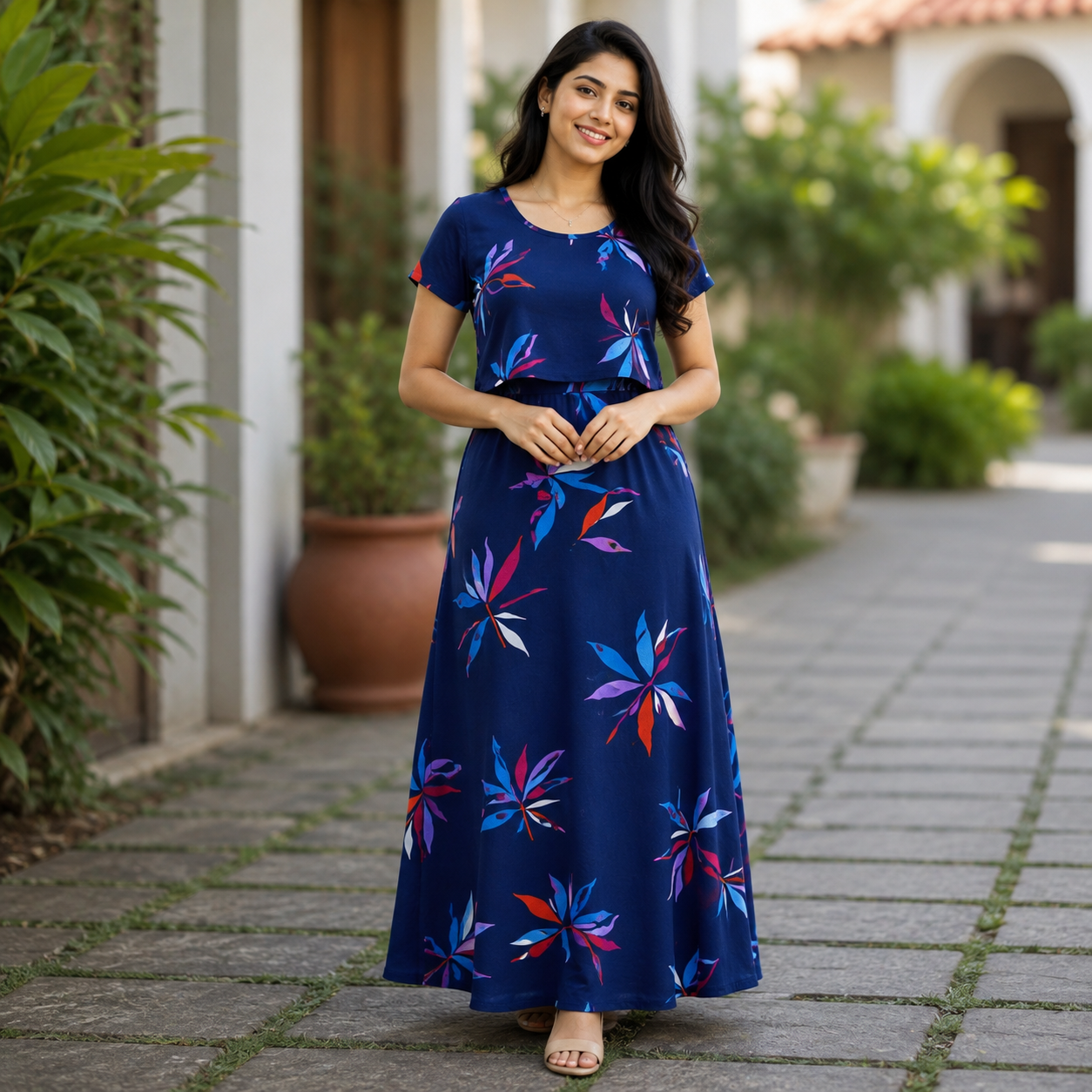 Blue Leaf Pattern Print Zipless Feeding Loungewear (XXL) BB